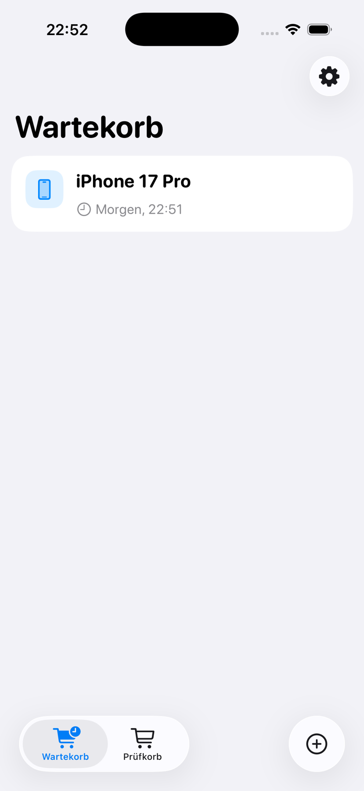 Wartekorb auf einem iPhone mit einem vorgemerkten iPhone 17 Pro und den Bereichen Wartekorb und Prüfkorb